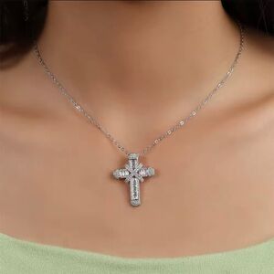 Luxury Women White Crystal CZ Cross Pendant Necklace Charm Silver Chain Jewelry